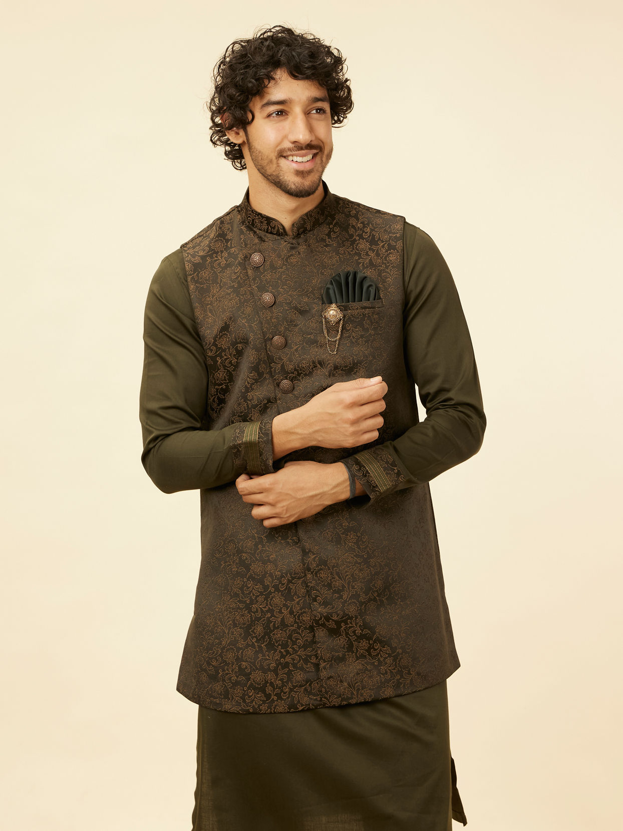 alt message - Manyavar Men Olive Green Bel Buti Patterned Kurta Jacket Set image number 0